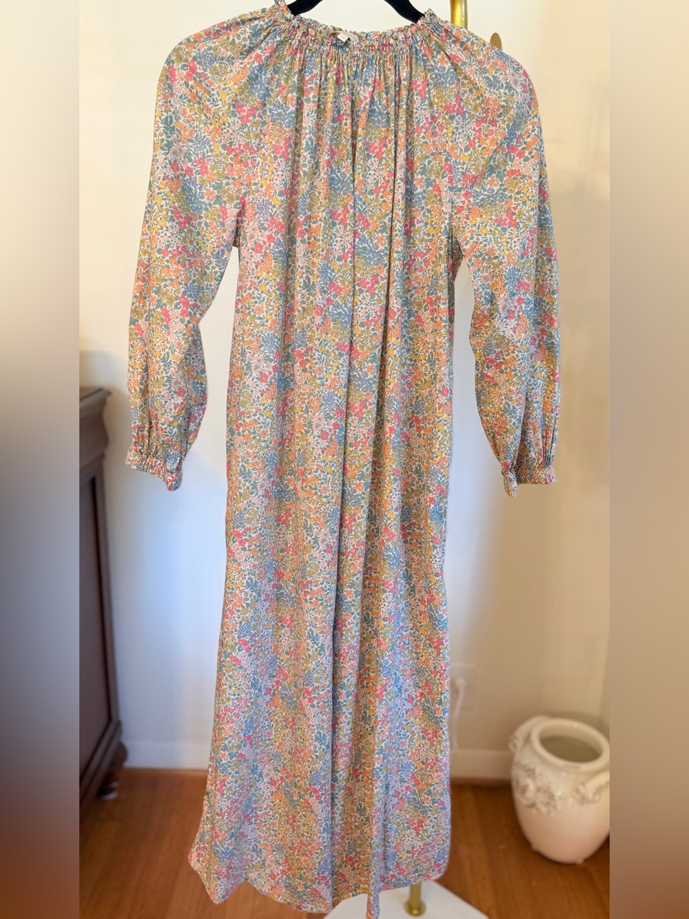 Ann Mashburn Pastel Floral Long Sleeve Maxi Dress with Ruched Collar Size XS